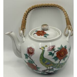 Vintage Peacock Floral Design Teapot w Lid Gold Rim Bamboo Handle Japan